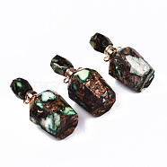 Assembled Synthetic Bronzite and Imperial Jasper Openable Perfume Bottle Pendants, with Light Gold Brass Findings, Dyed, Medium Sea Green, Capacity: 1ml(0.03 fl. oz), 41~42x17~18x17~18mm, Hole: 1.8mm(G-S366-058C)