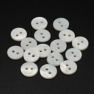 2-Hole Shell Flat Round Buttons, White, 10x2mm, Hole: 1.5mm, about 720pcs/bag(BUTT-P012-08)