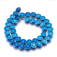 Autumn Theme Non-magnetic Synthetic Hematite Bead Strands, Flat Round with Maple Leaf, Blue Plated, 9.5~10.5x4mm, Hole: 1mm, about 41pcs/strand, 15.9 inch(40.5cm)(G-I208-12-F)