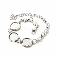 Alloy Bracelets & Anklets Making, Star Link Bracelet with Heart Charm, Blank Cabochon Setting, Antique Silver, 8-5/8 inch(21.8cm), Round Tray: 12mm(MAK-M027-03AS)