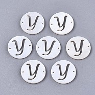 Natural Freshwater Shell Links Connectors, Flat Round with Letter, Letter.Y, 14.5x1.5mm, Hole: 0.9mm(SHEL-S276-120Y)