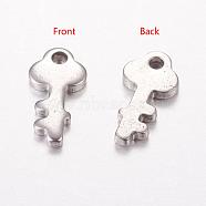 201 Stainless Steel Pendants, Key, Stainless Steel Color, 12x6x1mm, Hole: 1mm(STAS-G029-14)
