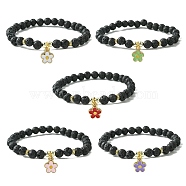 Natural Lava Rock Beaded Stretch Bracelets, Alloy Enamel Flower Charm Bracelets for Women, Mixed Color, Inner Diameter: 2-1/8 inch(5.3cm)(BJEW-JB09609)