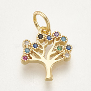 Brass Micro Pave Cubic Zirconia Charms, Tree, Colorful, Golden, 11x10.5x1.5mm, Hole: 3mm(ZIRC-S061-56G)