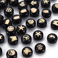 Handmade Lampwork Beads, with Golden Plated Brass Etched Metal Embellishments, Flat Round, Black, 8x5~6mm, Hole: 0.8mm(LAMP-S196-019)
