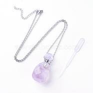 Natural Amethyst Openable Perfume Bottle Pendant Necklaces, with 304 Stainless Steel Cable Chain and Plastic Dropper, Bottle, Size: about 34~40 long, 15~20mm wide(NJEW-G325-01P)