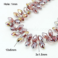 Electroplate Glass Faceted Teardrop Beads Strands, Top Drilled Beads, AB Color Plated, Pale Violet Red, 11.5~13x6mm, Hole: 1mm, about 100pcs/strand, 16.5 inch(X-EGLA-D014-03)