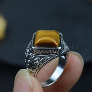 Rhombus Natural Tiger Eye Finger Rings, Alloy Wide Band Finger Rings for Men, US Size 9(18.9mm)(PW-WGACAC0-01)