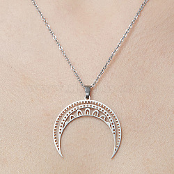 201 Stainless Steel Hollow Double Horn Pendant Necklace, Stainless Steel Color, 17.72 inch(45cm)(NJEW-OY001-82)