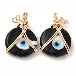 Wire Wrapped Handmade Lampwork Pendants, with Copper Findings, Real 18K Gold Plated, Long-Lasting Plated, Flat Round with Evil Eye, Black, 25x18x7mm, Hole: 2.9mm(KK-E076-03G-04)