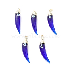 Handmade Evil Eye Lampwork Pendants, with Rack Plating Light Gold Tone Brass Findings, Long-Lasting Plated, Lead Free & Cadmium Free, Horn Charm, Blue, 43~46x9~11x10~11mm, Hole: 7x4mm(LAMP-F031-01G-04)