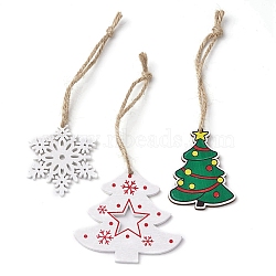 3Pcs 3 Styles Printed Wood Pendant Decoration, Jute Cord Christmas Party Hanging Ornaments, Snowflake & Christmas Tree, Mixed Color, 134~137mm, 1pc/style(HJEW-JM02183)