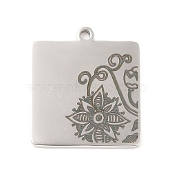 304 Stainless Steel Pendants, Square with Flower Pattern, Stainless Steel Color, 20x18x1mm, Hole: 1.5mm(STAS-P299-08P)