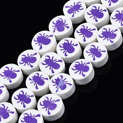 Handmade Polymer Clay Bead Strands, Halloween Style, Flat Round with Spider, Blue Violet, 9~10x4.5mm, Hole: 1.4mm, about 38pcs/strand, 14.17 inch(36cm)(CLAY-S096-037)