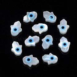 Natural White Shell Mother of Pearl Shell Beads, Top Drilled Beads, with Synthetic Turquoise, Hamsa Hand/Hand of Miriam with Evil Eye, Deep Sky Blue, 8x6x2mm, Hole: 0.8mm(SSHEL-N034-57A-A)