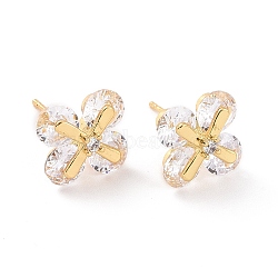 Clear Cubic Zirconia Flower Stud Earrings, Brass Jewelry for Women, Real 18K Gold Plated, 12.5x12mm, Pin: 0.6mm(EJEW-F298-16G)