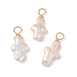 Natural Keshi Pearl Pendants, Religion Cross Charm, Cultured Freshwater Pearl, with Light Gold Tone Copper Wire Wrapped, Seashell Color, 20~22x8.5~9.5x4~4.5mm, Hole: 3mm(PALLOY-JF01933)