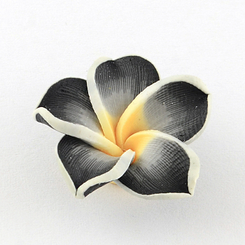 Handmade Polymer Clay 3D Flower Plumeria Beads, Black, 15x8mm, Hole: 2mm