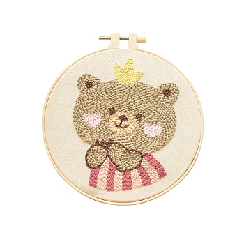 Animal Theme DIY Display Decoration Punch Embroidery Beginner Kit, Including Punch Pen, Needles & Yarn, Cotton Fabric, Threader, Plastic Embroidery Hoop, Instruction Sheet, Bear, 155x155mm
