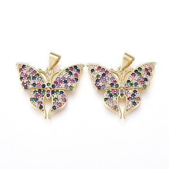Brass Micro Pave Cubic Zirconia Pendants, Long-Lasting Plated, Butterfly, Real 18K Gold Plated, Colorful, 17.5x22x2.5mm, Hole: 3.5x4.5mm