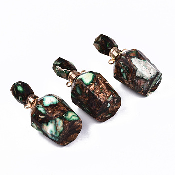 Assembled Synthetic Bronzite and Imperial Jasper Openable Perfume Bottle Pendants, with Light Gold Brass Findings, Dyed, Medium Sea Green, Capacity: 1ml(0.03 fl. oz), 41~42x17~18x17~18mm, Hole: 1.8mm