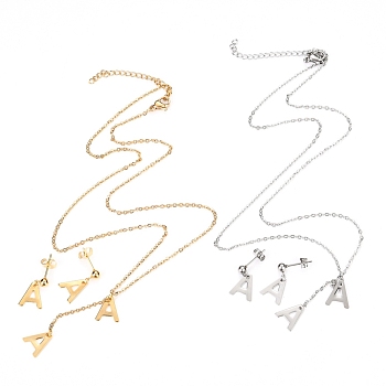 304 Stainless Steel Jewelry Sets, Cable Chains Pendant Necklaces and Stud Earrings, with Lobster Claw Clasps and Ear Nuts, Alphabet, Golden & Stainless Steel Color, Letter.A, 17.71 inch(45cm),  11x10x0.5mm, Pin: 0.8mm