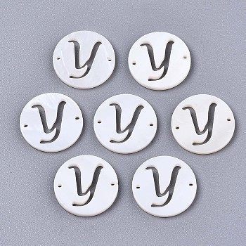 Natural Freshwater Shell Links Connectors, Flat Round with Letter, Letter.Y, 14.5x1.5mm, Hole: 0.9mm