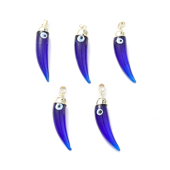 Handmade Evil Eye Lampwork Pendants, with Rack Plating Light Gold Tone Brass Findings, Long-Lasting Plated, Lead Free & Cadmium Free, Horn Charm, Blue, 43~46x9~11x10~11mm, Hole: 7x4mm