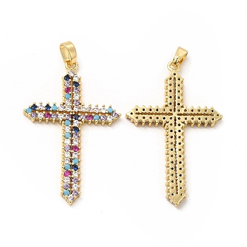 Brass Micro Pave Cubic Zirconia Pendants, Religion Cross Charm, Golden, Colorful, 37.5x23.5x2.5mm, Hole: 4x2.5mm