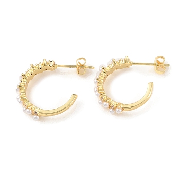 Plastic Pearl Beaded C-shape Stud Earrings with Clear Cubic Zirconia, Rack Plating Brass Half Hoop Earrings for Women, Cadmium Free & Lead Free, Real 18K Gold Plated, 20.5x19.5x4.5mm, Pin: 0.8mm