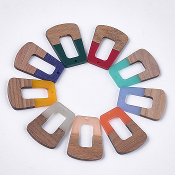 Resin & Walnut Wood Pendants, Trapezoid, Mixed Color, 37~37.5x27~27.5x3~3.5mm, Hole: 2mm