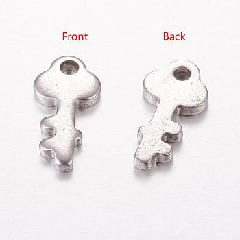 201 Stainless Steel Pendants, Key, Stainless Steel Color, 12x6x1mm, Hole: 1mm