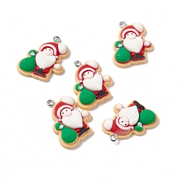 Christmas Theme Opaque Resin Pendants, with Platinum Tone Iron Findings, Santa Claus, Colorful, 27x22x6.5mm, Hole: 2mm