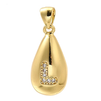 Rack Plating Brass Micro Pave Cubic Zirconia Pendants, Long-Lasting Plated, Lead Free & Cadmium Free,Real 18K Gold Plated, Teardrop with Letter Charms, Letter L, 21x11mm, Hole: 5x3mm