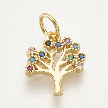Brass Micro Pave Cubic Zirconia Charms, Tree, Colorful, Golden, 11x10.5x1.5mm, Hole: 3mm