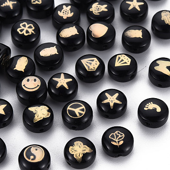 Handmade Lampwork Beads, with Golden Plated Brass Etched Metal Embellishments, Flat Round, Black, 8x5~6mm, Hole: 0.8mm