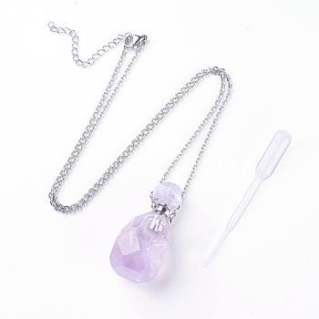 Natural Amethyst Openable Perfume Bottle Pendant Necklaces, with 304 Stainless Steel Cable Chain and Plastic Dropper, Bottle, Size: about 34~40 long, 15~20mm wide