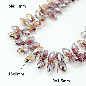 Electroplate Glass Faceted Teardrop Beads Strands, Top Drilled Beads, AB Color Plated, Pale Violet Red, 11.5~13x6mm, Hole: 1mm, about 100pcs/strand, 16.5 inch