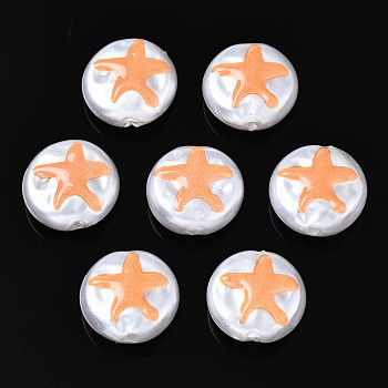 3D Printed ABS Plastic Imitation Pearl Beads, Flat Round with Starfish, Sandy Brown, 12x5mm, Hole: 1.5mm