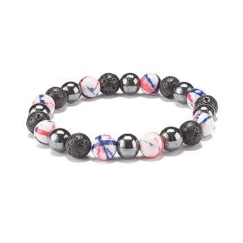 Natural Lava Rock & Synthetic Hematite & Ocean White Jade(Dyed) Round Beaded Stretch Bracelet, Essential Oil Gemstone Jewelry for Women, Light Coral, Inner Diameter: 2-1/8 inch(5.5cm)