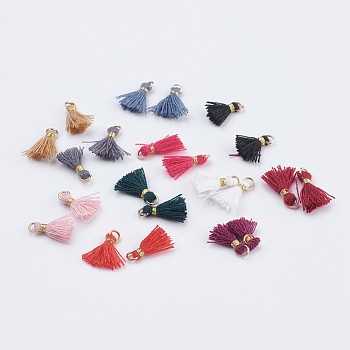 Nylon Tassels Pendant Decorations, Mini Tassel, with Golden Tone Iron Findings, Mixed Color, 10.5~14.5x2.5~3mm, Hole: 2mm
