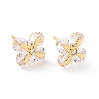 Clear Cubic Zirconia Flower Stud Earrings, Brass Jewelry for Women, Real 18K Gold Plated, 12.5x12mm, Pin: 0.6mm