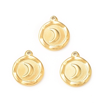 304 Stainless Steel Pendants, Flat Round with Moon, Real 18K Gold Plated, 18.5x15.5x2.5mm, Hole: 1.6mm