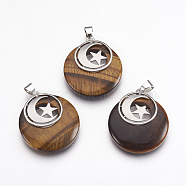 Natural Tiger Eye Pendants, with Platinum Tone Brass Findings, Flat Round with Moon and Star, 32x28x7mm, Hole: 4x5mm(KK-F751-F16)