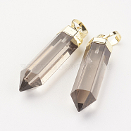 Natural Smoky Quartz Pointed Pendants, Dyed & Heated, with Brass Findings, Bullet, Golden, 28~29x6~7mm, Hole: 4x6mm(G-G737-32E-G)