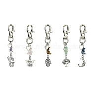 Tibetan Style Alloy Pendants Decorations, Gemstone Chips and Lobster Claw Clasps Charm, Heart, Mixed Shapes, 86~95mm(HJEW-JM01252)
