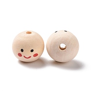 Printed Wood European Beads, Large Hole Round Bead with Smiling Face Pattern, Undyed, Bisque, 20x17.5mm, Hole: 4.7mm, about 217pcs/500g(WOOD-C001-03A-04)