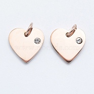 316 Surgical Stainless Steel Pendants, with Cubic Zirconia, Heart, Clear, Real Rose Gold Plated, 12x12x2mm, Hole: 3mm(STAS-J038-05RG)
