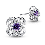SHEGRACE Awesome Design Rhodium Plated 925 Sterling Silver Ear Studs, with Micro Pave AAA Cubic Zirconia Flower, Violet, 10mm, Pin: 0.7mm(JE129B)