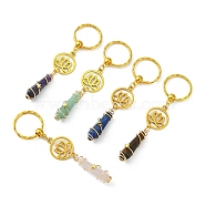 Wire Wrapped Bullet Natural Gemstone Keychains, with Alloy Pendants and Iron Split Key Rings, Flat Round with Lotus, 9.3~10cm(KEYC-JKC00495)